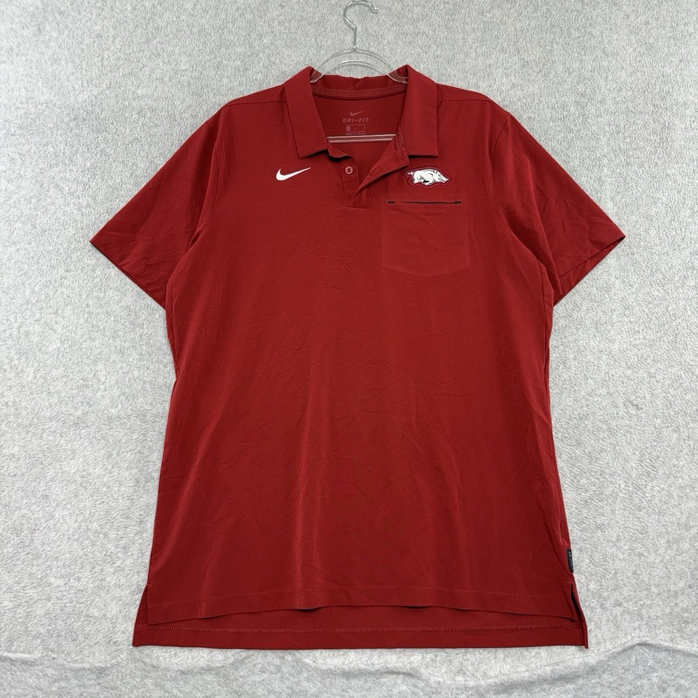Arkansas Razorbacks Polo Shirt Mens Large Red Short Sleeve Nike Dri Fit SEC NCAA